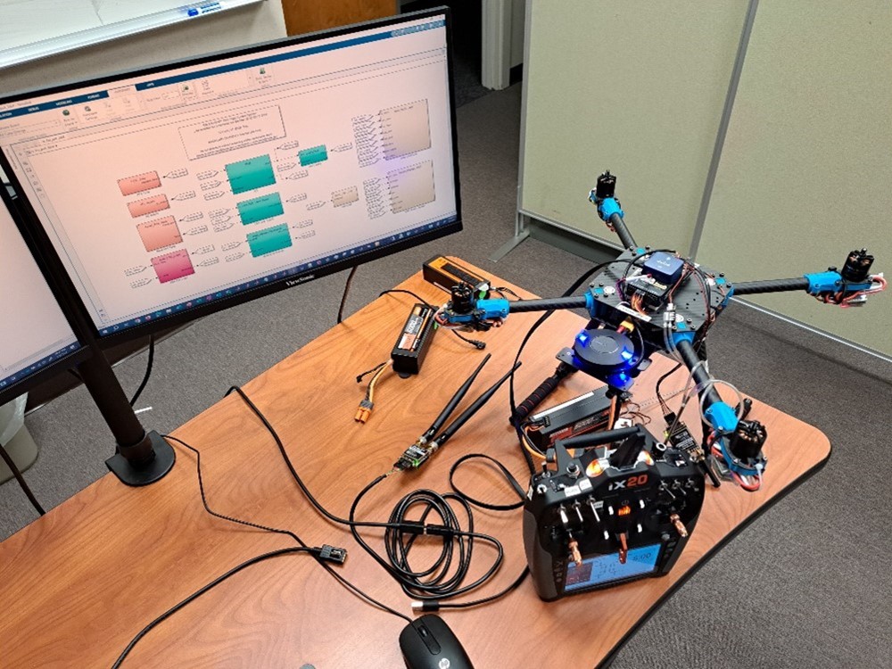 Bench test setup used to run connected simulations on NASA's drone using MATLAB and Simulink
