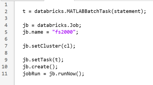 Screenshot of a Databricks job configuration generated by MATLABBatchTask, showing the notebook, cluster setup, and execution flow for running a Dynare model as a batch job.