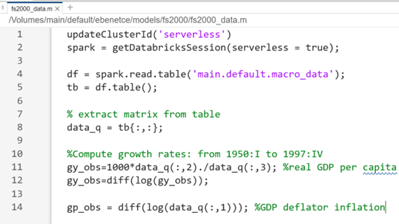 Code snippet showing a data‑loading function that uses Spark within Databricks to feed data into a MATLAB Dynare workflow.