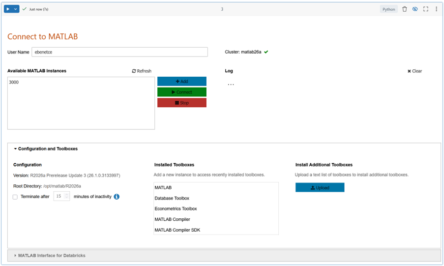 Screenshot of a Databricks notebook that initializes a MATLAB session, adds required toolboxes at runtime, and configures the environment for interactive MATLAB use on Databricks.