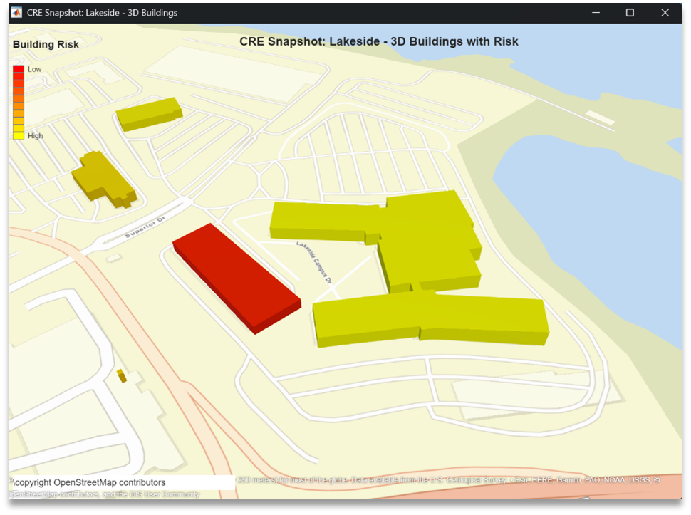 Map-based visualisation created with Mapping Toolbox, showing spatial financial exposures overlaid with climate or physical risk data.