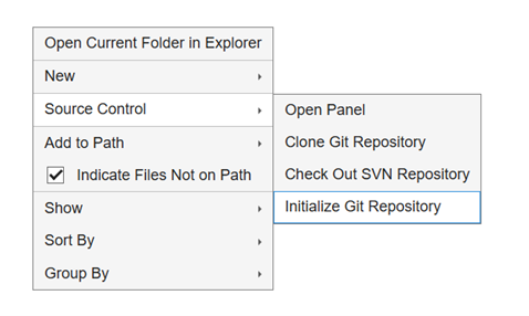 Initialize Git in MATLAB. MATLAB context menu showing Source Control expanded and Initialize Git Repository selected for the current project folder.