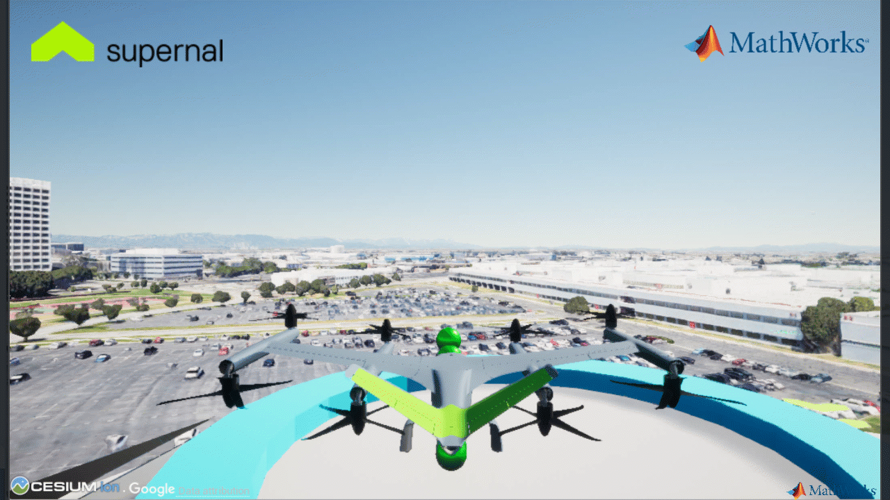 Photorealistic visualization of Supernal’s eVTOL aircraft flying in Los Angeles using MathWorks tools