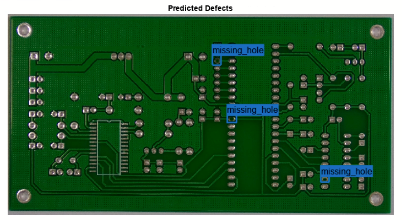 Image of PCB that has been visually inspected and three missing holes have been detected