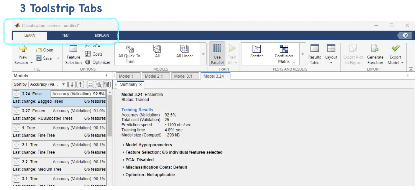 Screenshot of the Classification Learner app