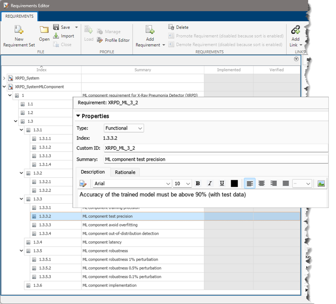 Screenshot of the Requirements Editor app