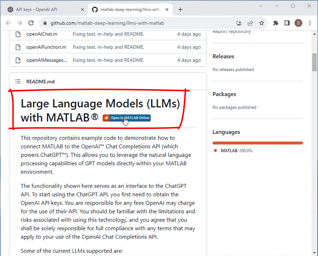 GitHub repository for large language models with MATLAB