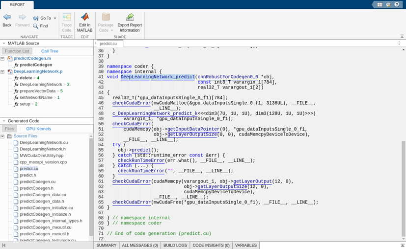 Code generation report generated by GPU Coder.