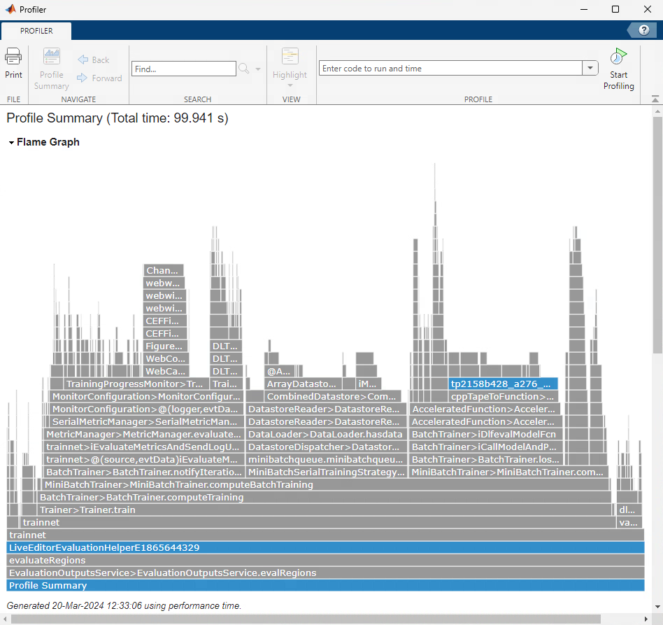 Flame graph generated by code profiler that shows the time allocation for training a deep neural network