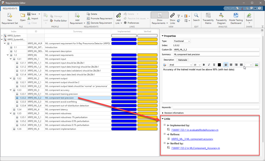 Screenshot of Requirements Editor showing the Machine Learning component test precision.