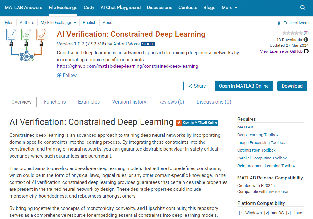 File Exchange screenshot of AI Verification: Constrained Deep Learning repository