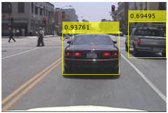 Object detection with YOLO v2, detecting two vehicles.