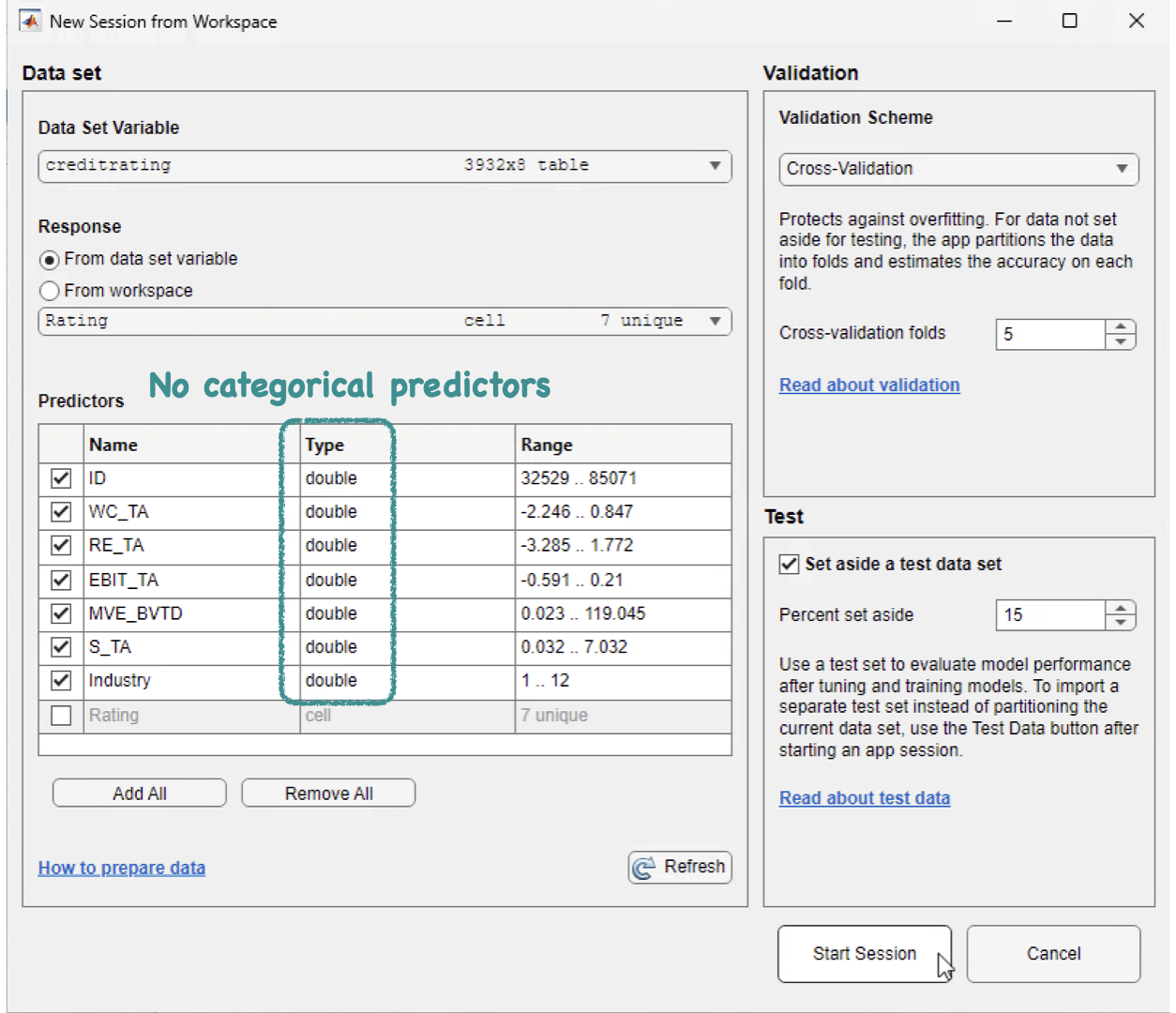 New session in Classification Learner