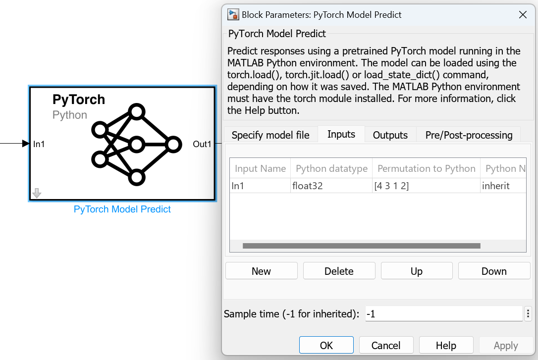 Block parameters for PyTorch Model Predict block - Specify input