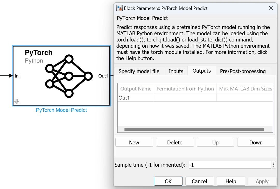 Block parameters for PyTorch Model Predict block - Specify output