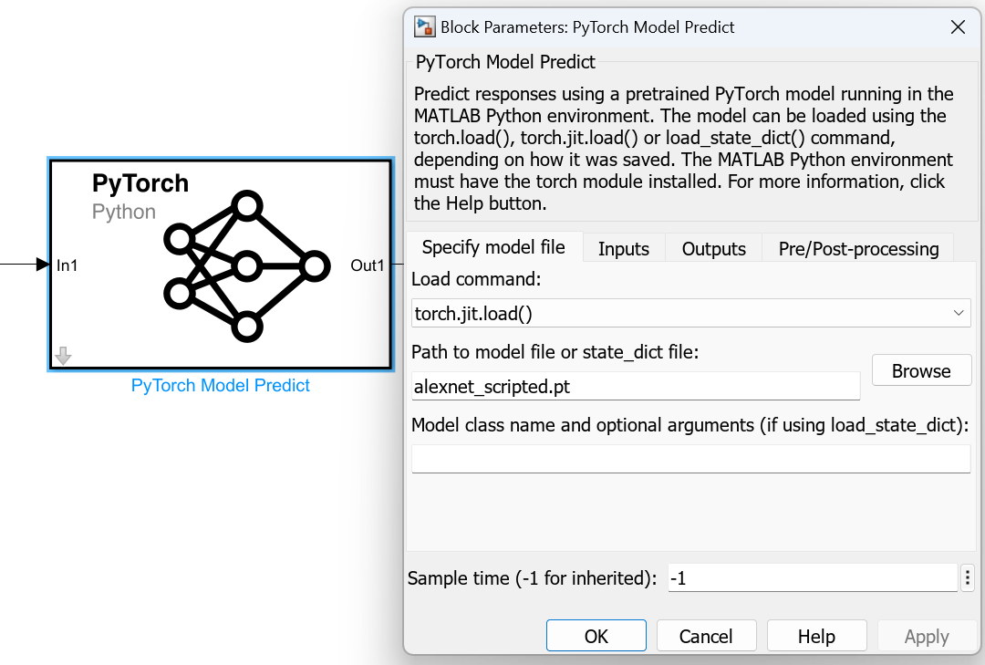 Block parameters for PyTorch Model Predict block - showing load command