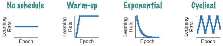 Graphs of learning rate schedules for training neural networks, including no schedule, warm-up, exponential, and cyclical