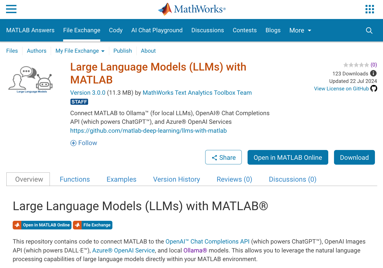 Screenshot of LLMS with MATLAB repository