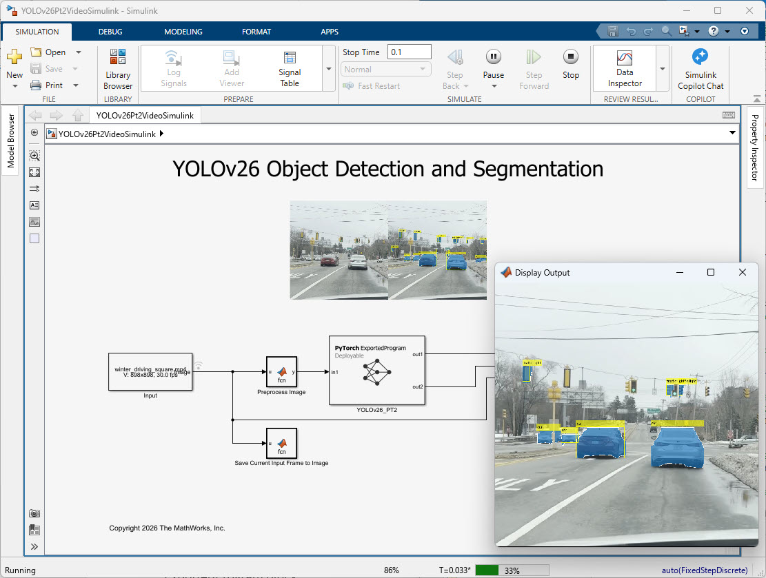 YOLOv26 running in Simulink with the detected objects in the output video stream
