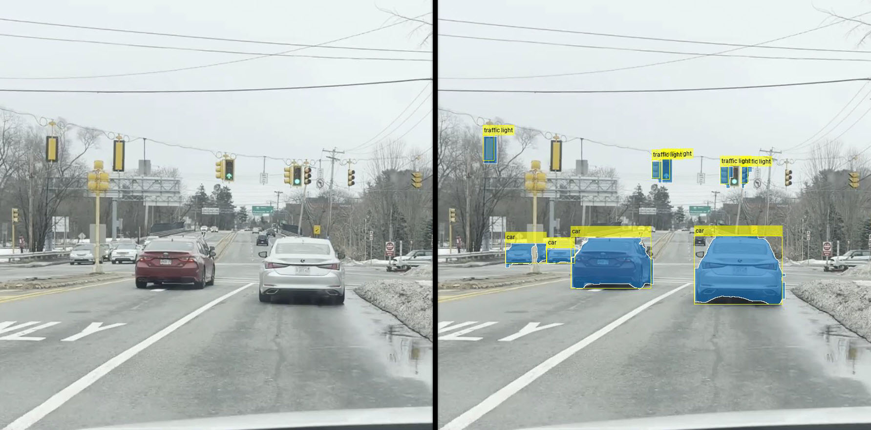 Detected vehicles and traffic lights from input video