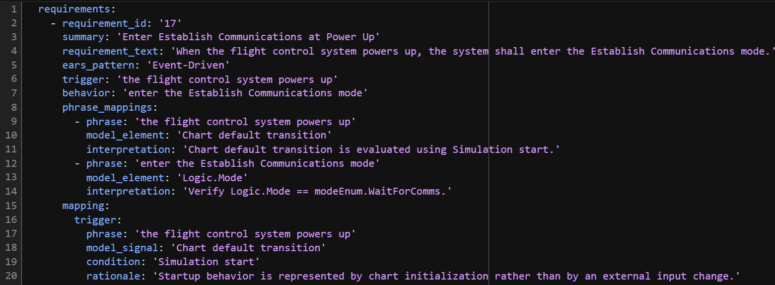 Mapping artifact connecting requirements text to Simulink model elements