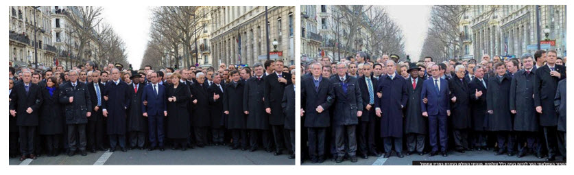 The Charlie Hebdo march in Paris featuring state leaders from all over the world. An orthodox paper edited out the female leaders from the original image before publication. Image credit: Cecilia Pasquini, Carlo Brunetta, Andrea F. Vinci, Valentina Conotter, and Giulia Boato from University of Trento.