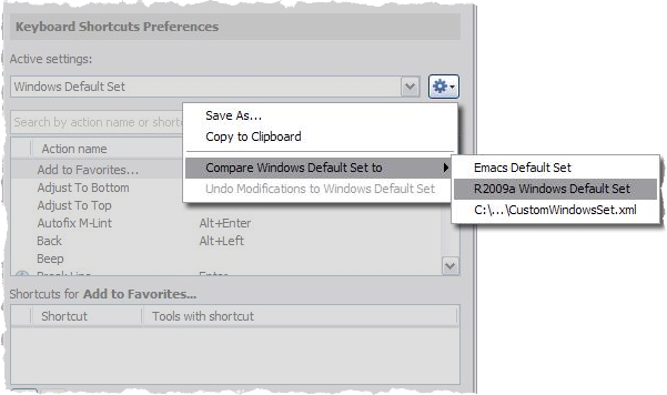 Use the action button to compare keyboard shortcut sets