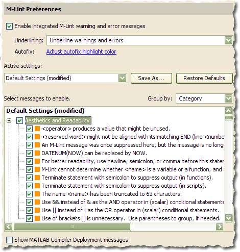 R2008b M-Lint preferences panel