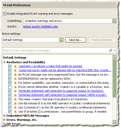 R2009a M-Lint preferences panel