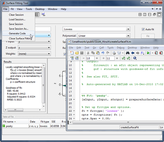 Automatic MATLAB code generation from Surface Fitting Tool