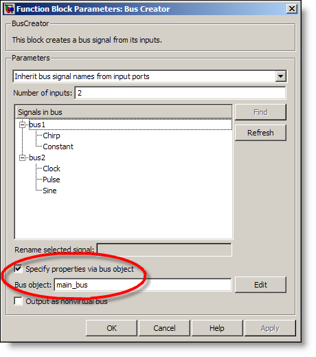 Bus Creator dialog with a bus object