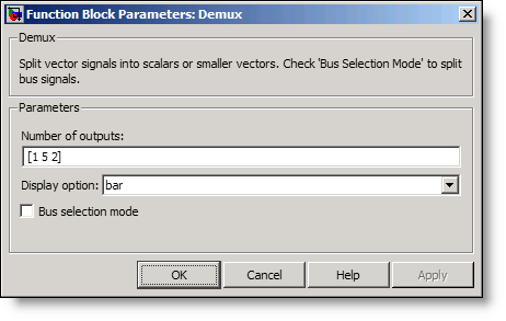 Demux block dialog with a vector of widths