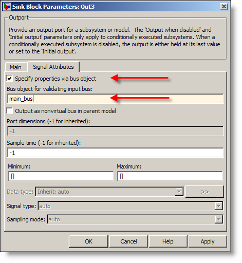 Outport dialog with a bus object
