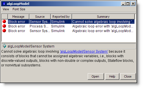 Algebraic loop error, Cannot solve algebraic loops