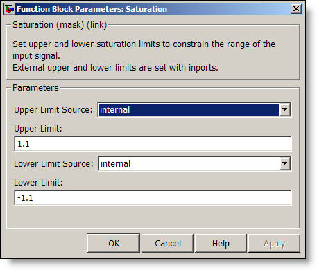 Mask dialog for the saturation block, internal source for limits