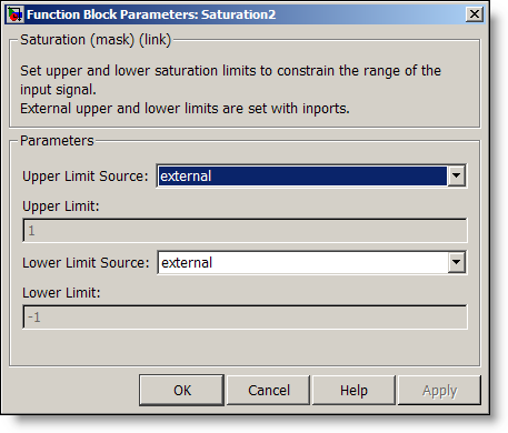 Mask dialog for the saturation block, external source for limits