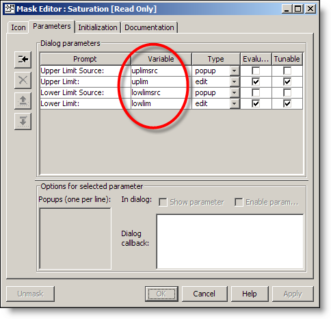 Saturation block mask editor parameters