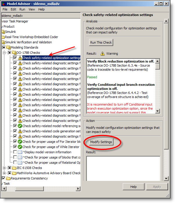 The do178b optimization settings from Simulink Verification and Validation