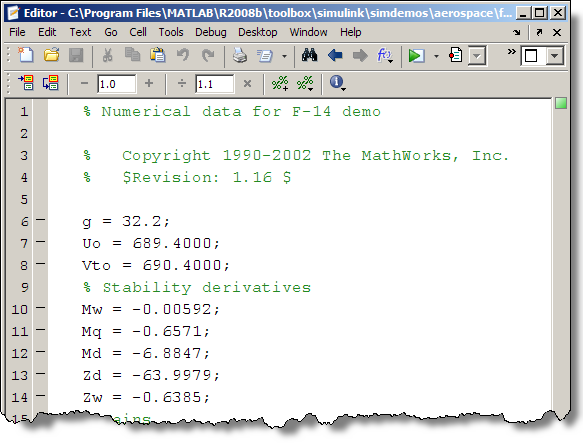 The F14 demo model initializes the workspace with the f14dat.m script.