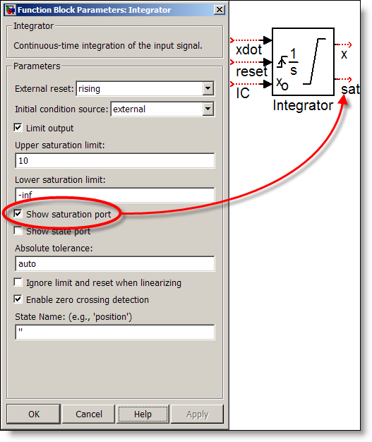 Integrator block with staturation port