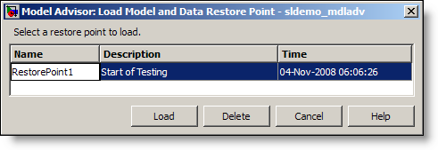 Model Advisor Load Restore Point dialog.