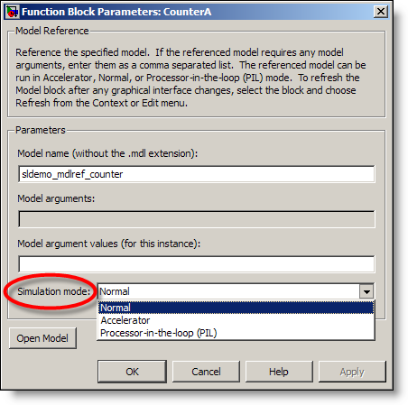 Specify the Simulation mode on each model block instance