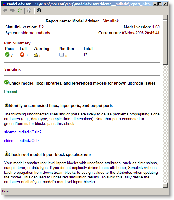 Simulink Model Advisor generates a report for the system and checks run