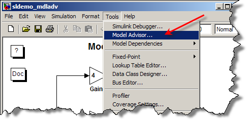 Launch Simulink Model Advisor from the tools menu