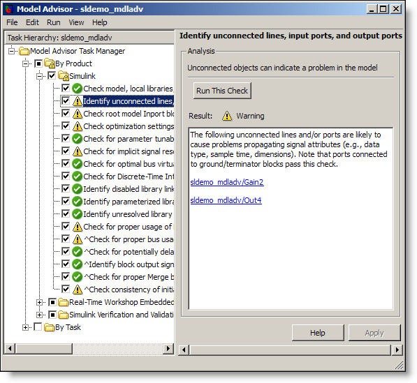 Model Advisor checks for unconnected lines in your model