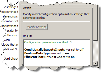 Model Advisor reports the results of modifying the model