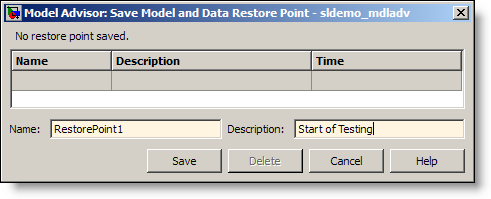 Model Advisor Save Restore Point As dialog.