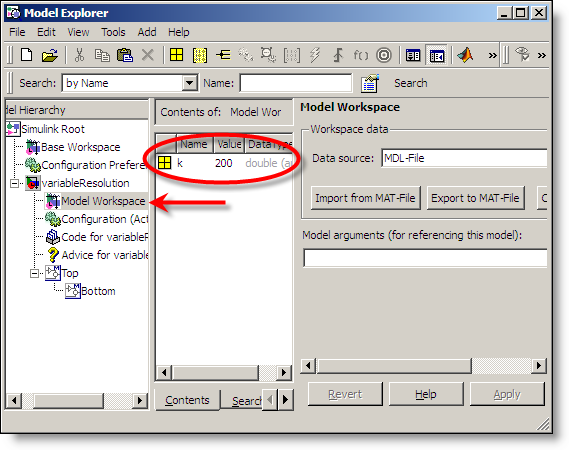 Model explorer showing the model workspace.