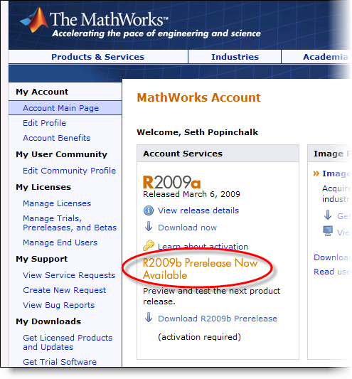 MathWorks account page announcing the R2009b Prerelease.