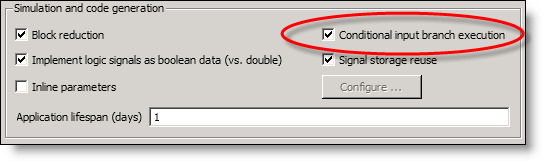 Conditional Input Branch Execution optimization from Simulink configuration parameters.